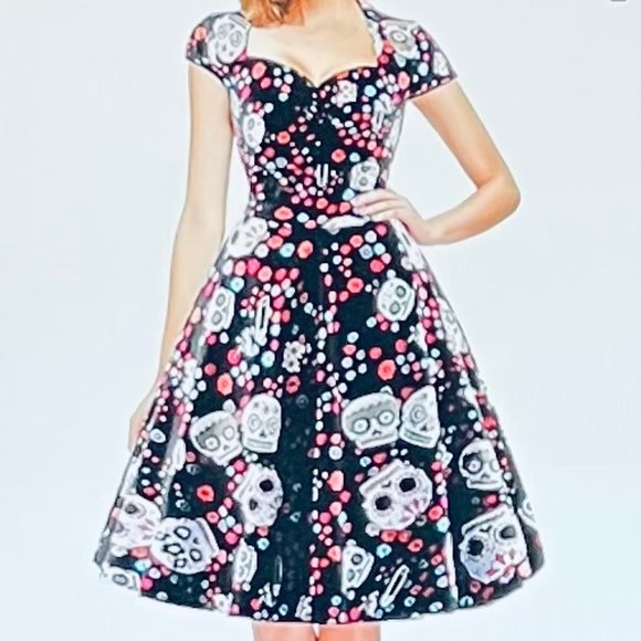 Oten Dresses & Skirts - Sugar Skulls Rockabilly Dress by Oten (S) Black/Multicolor Print New With Tags